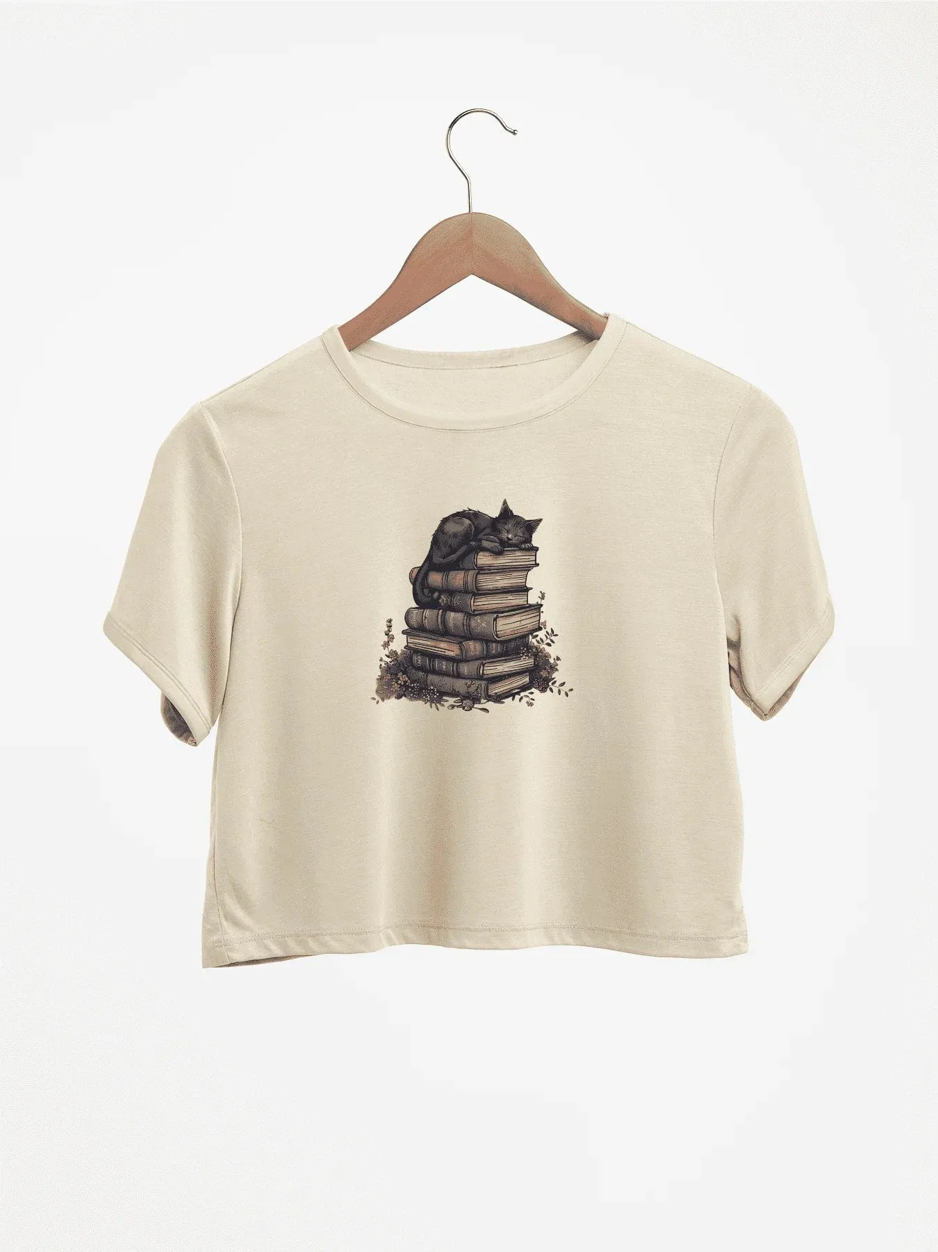 Adorable Cat Napping On Books Graphic Print Crew Neck Crop T-Shirts Casual Short Sleeve Top For Spring & Summer Women's Clothing