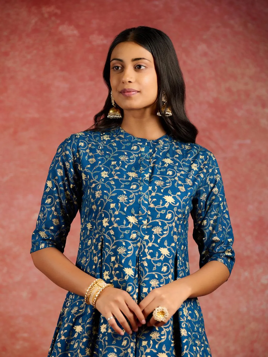 Blue Printed Rayon A-Line Kurta With Dhoti Pants