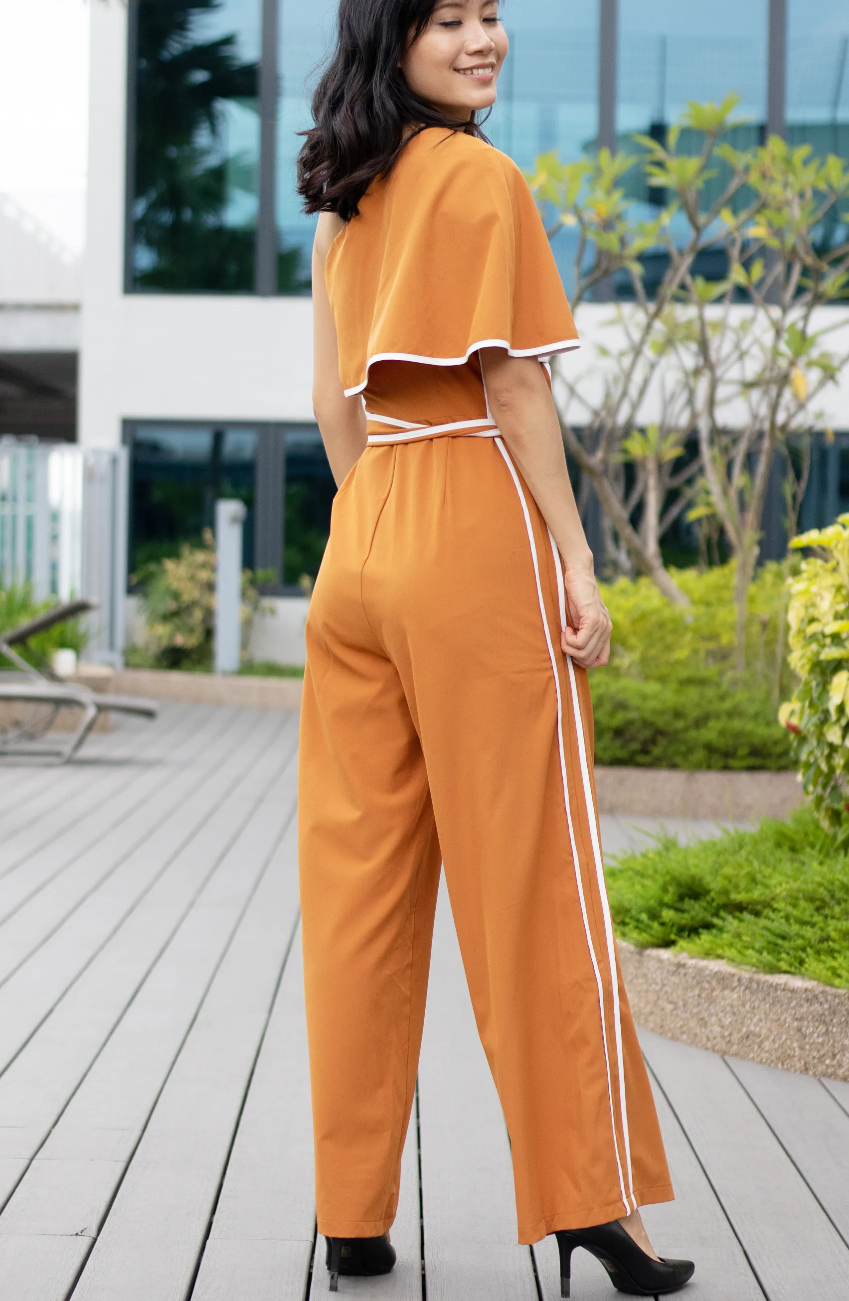 Camel Brown One Shoulder Tie Knot Palazzo Wide Leg Jumpsuit