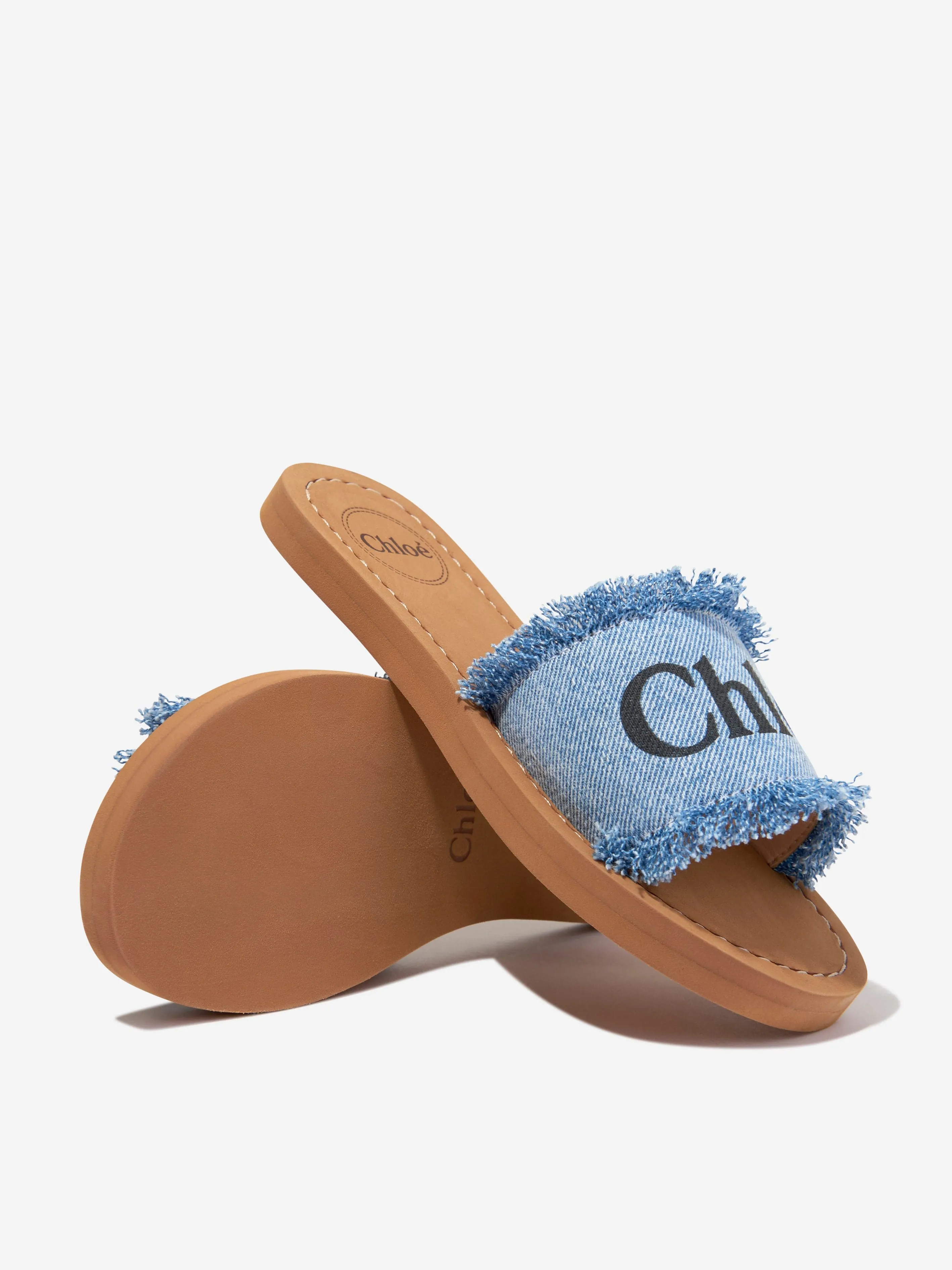 Chloé Girls Fringed Denim Sliders in Blue