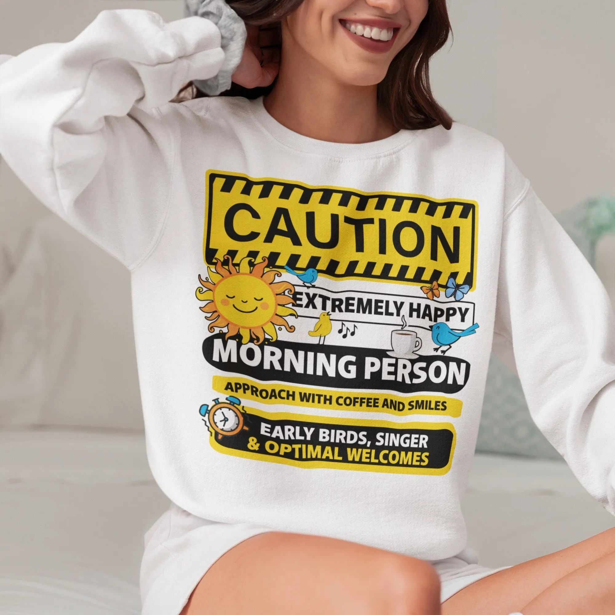 Extremely Happy Morning Person T-Shirt, Coffee and Sunshine Graphic Tee, Early Birds Singer Shirt