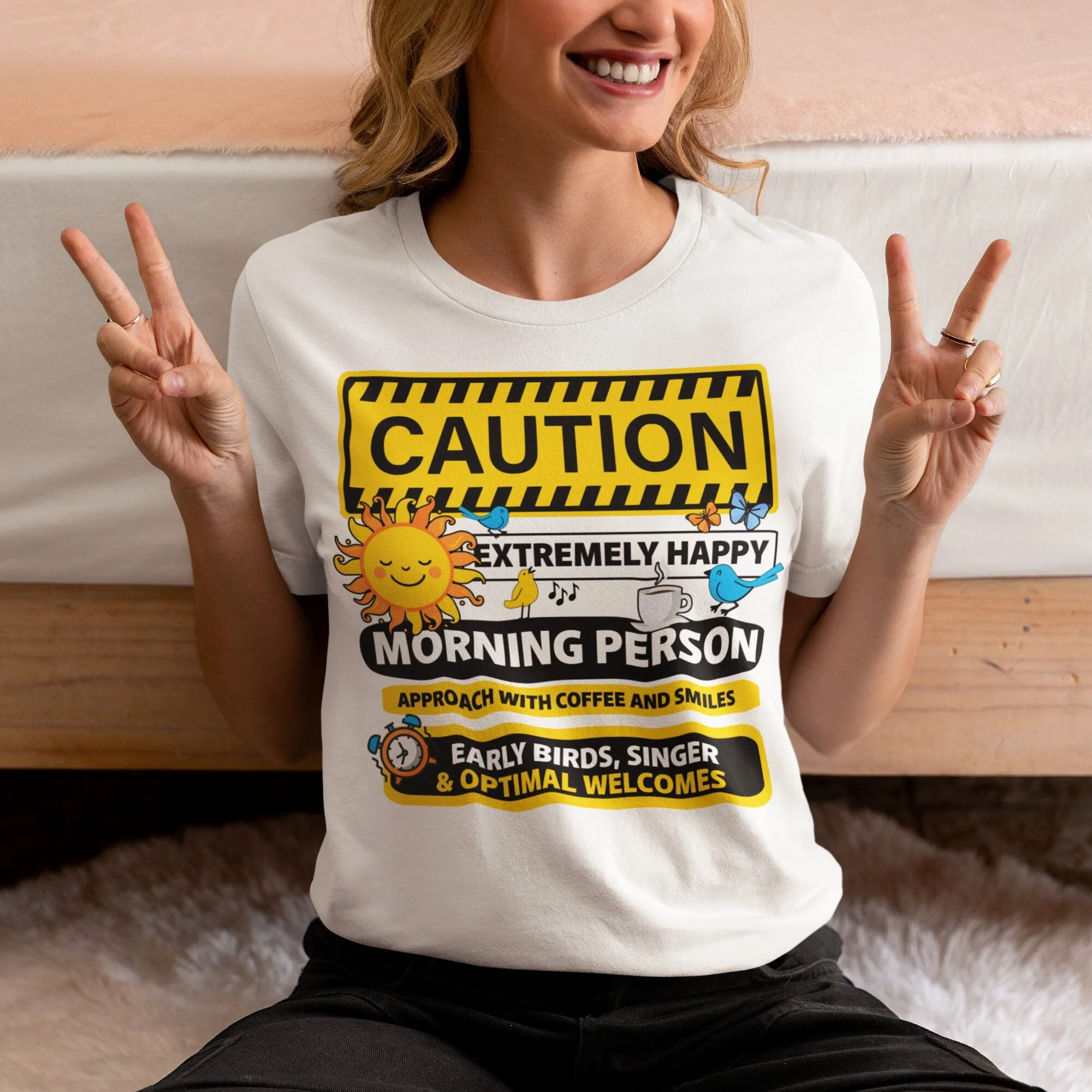 Extremely Happy Morning Person T-Shirt, Coffee and Sunshine Graphic Tee, Early Birds Singer Shirt