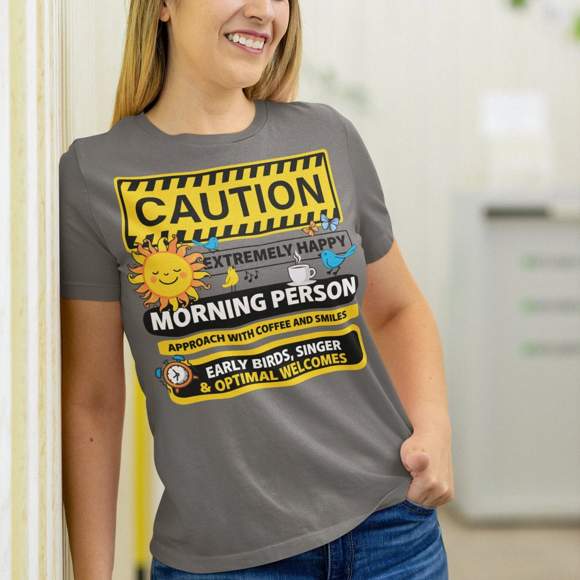 Extremely Happy Morning Person T-Shirt, Coffee and Sunshine Graphic Tee, Early Birds Singer Shirt