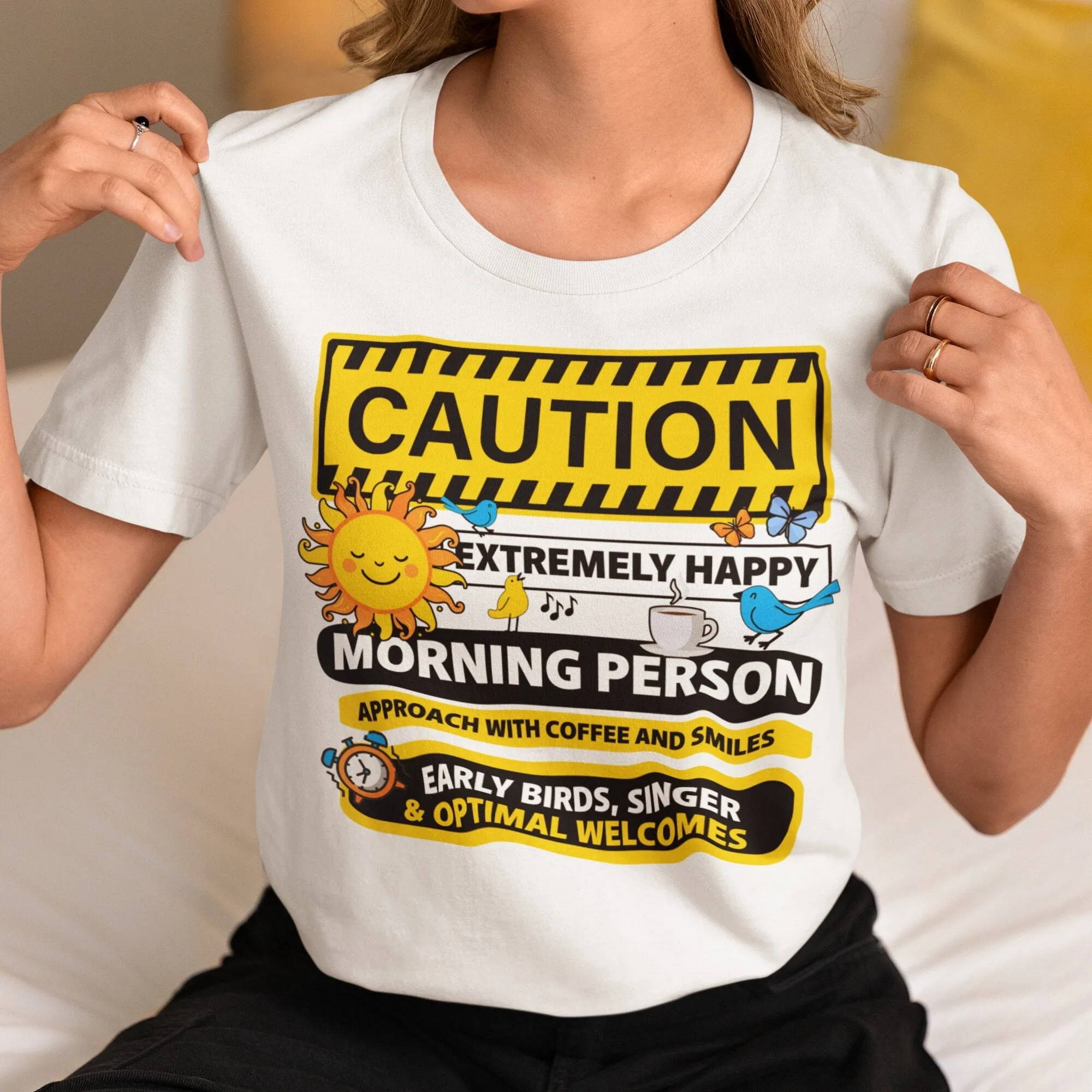 Extremely Happy Morning Person T-Shirt, Coffee and Sunshine Graphic Tee, Early Birds Singer Shirt