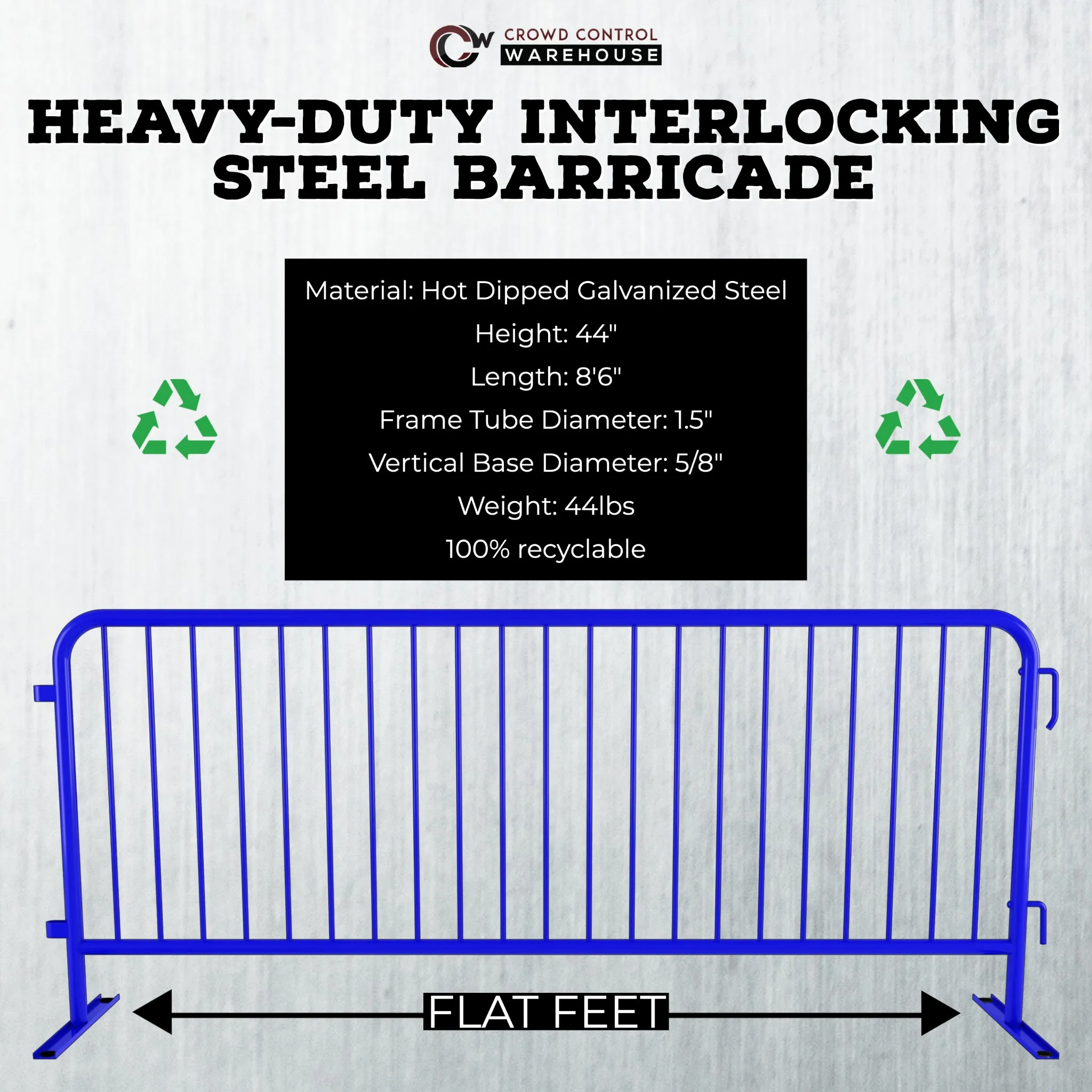 Heavy Duty Interlocking Steel Barricade, 8.5 Ft., Blue - Angry Bull Barricades