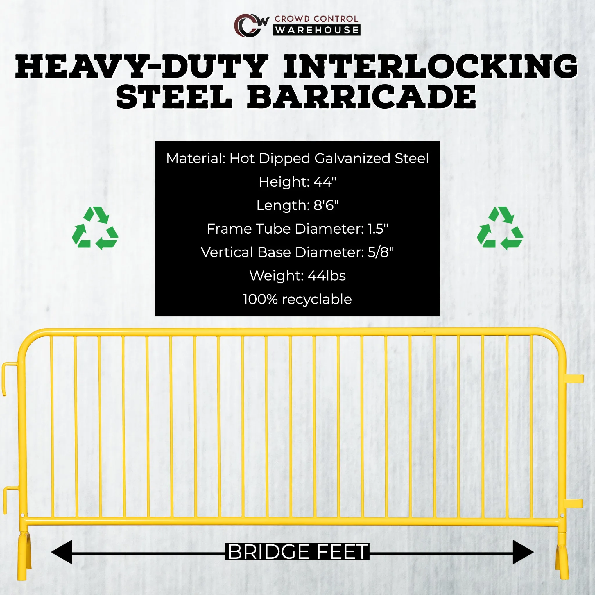 Heavy Duty Interlocking Steel Barricade, 8.5 Ft., Safety Yellow - Angry Bull Barricades