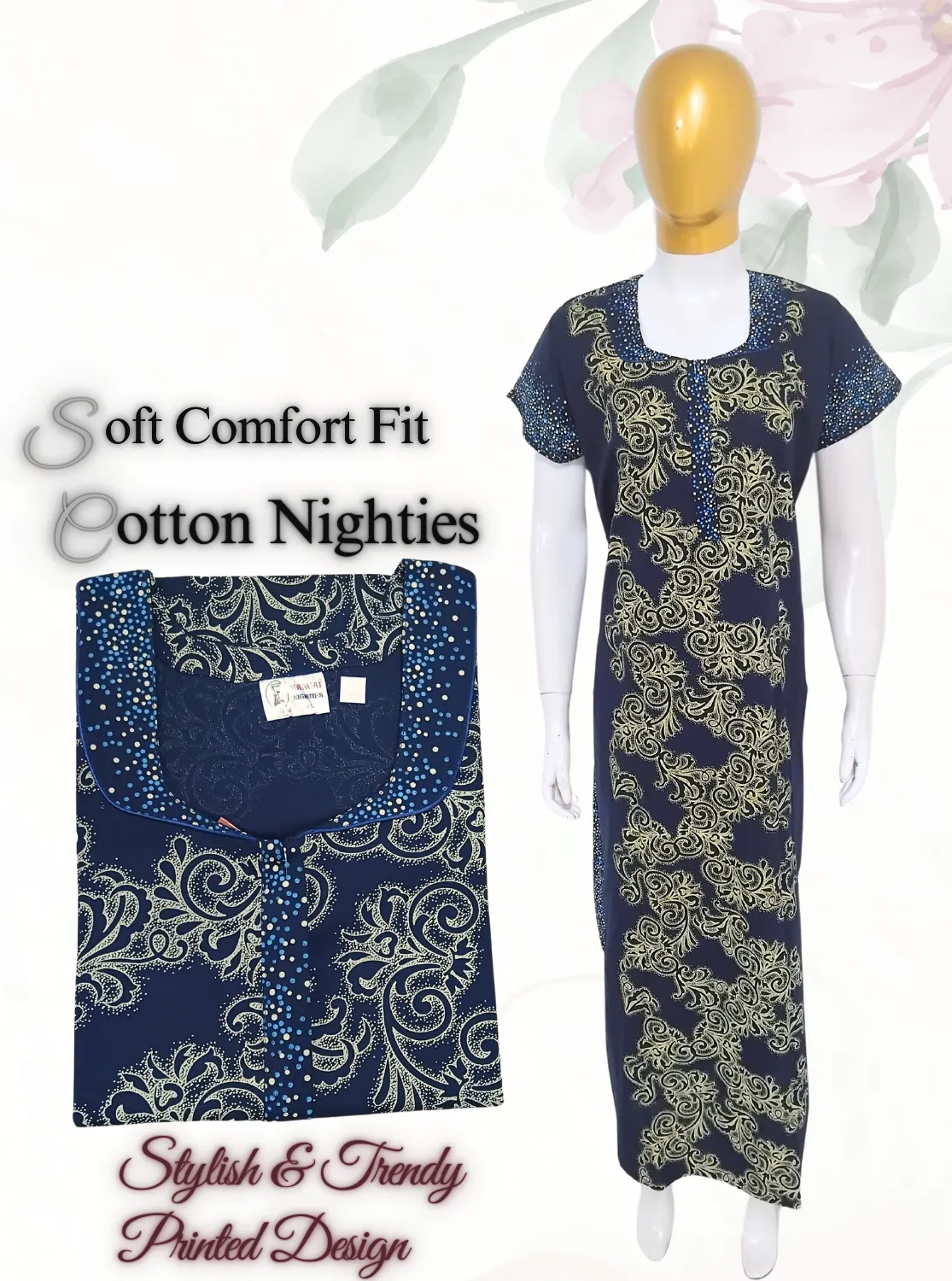 MANGAI New Regular Fit Cotton Printed  Nighties - All Over Printed Stylish Nightwear for Stylish Women | Side Cut Pocket | Beautiful Nighties for Stylish Women's (EM)