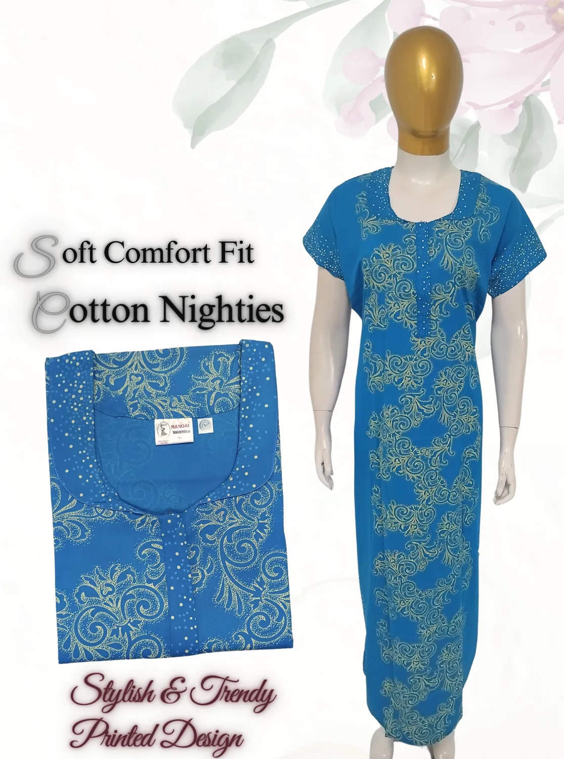 MANGAI New Regular Fit Cotton Printed  Nighties - All Over Printed Stylish Nightwear for Stylish Women | Side Cut Pocket | Beautiful Nighties for Stylish Women's (EM)