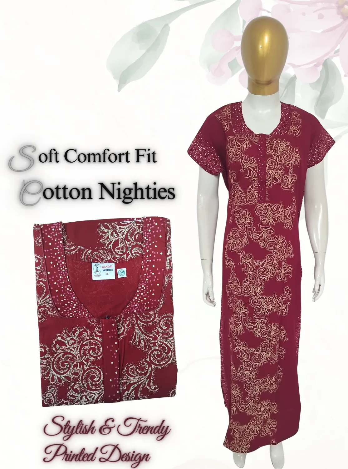 MANGAI New Regular Fit Cotton Printed  Nighties - All Over Printed Stylish Nightwear for Stylish Women | Side Cut Pocket | Beautiful Nighties for Stylish Women's (EM)