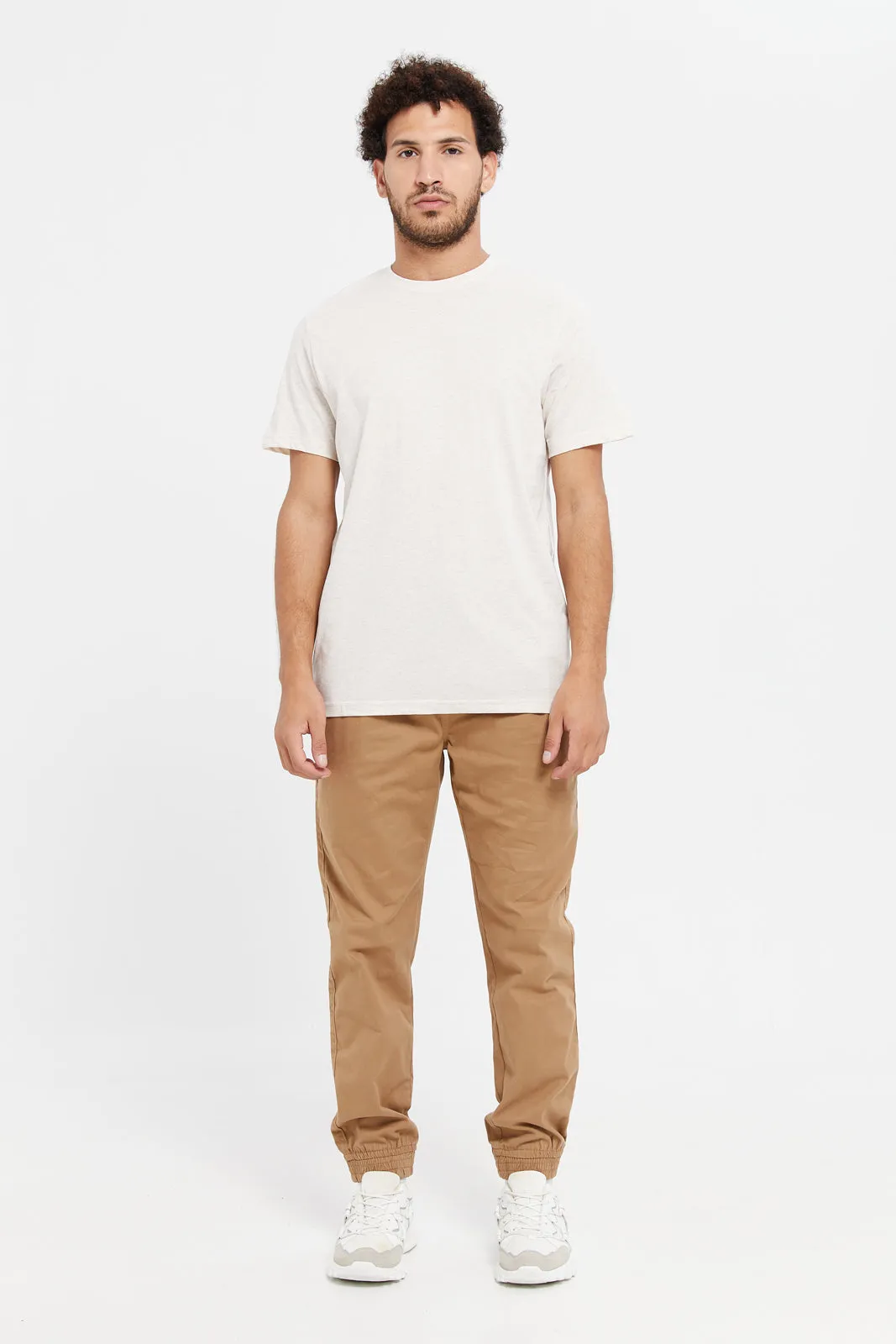 Men Beige Plain Round Neck T-Shirt