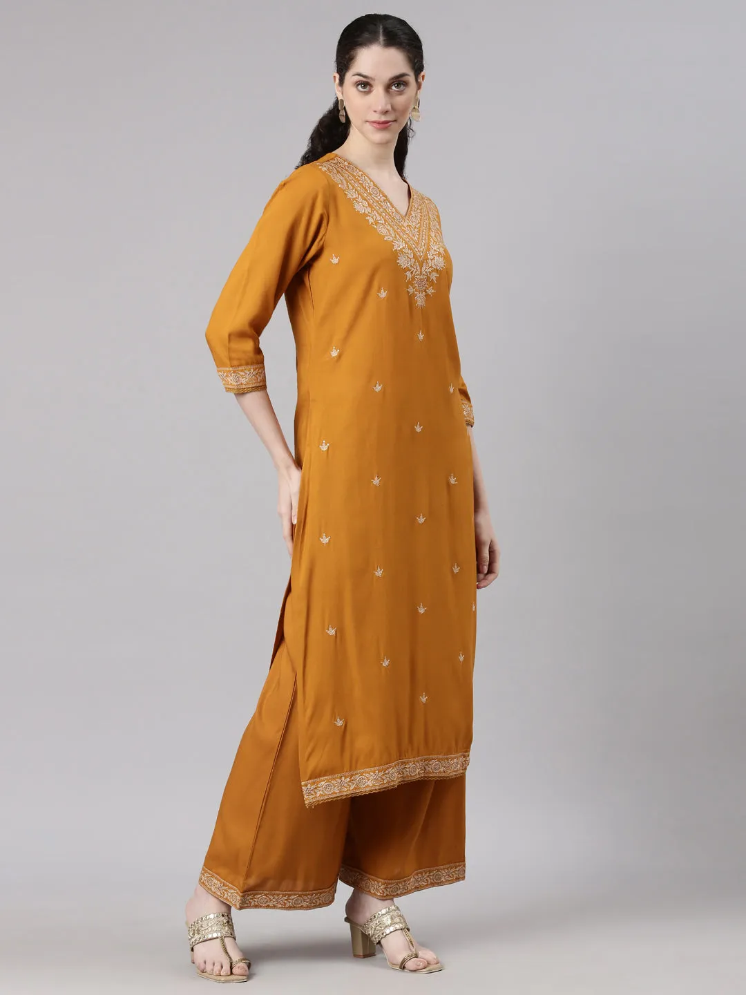 Neerus Gold Straight Casual Solid Kurta and Plazzo with Dupatta