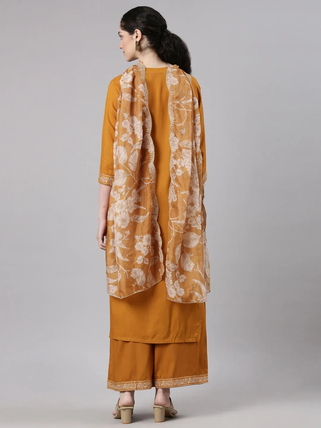 Neerus Gold Straight Casual Solid Kurta and Plazzo with Dupatta