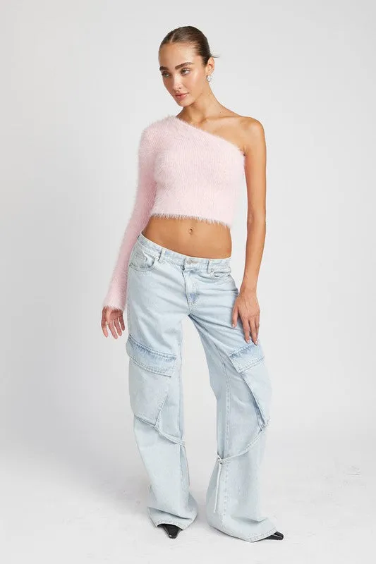 One shoulder fluffy crop sweater