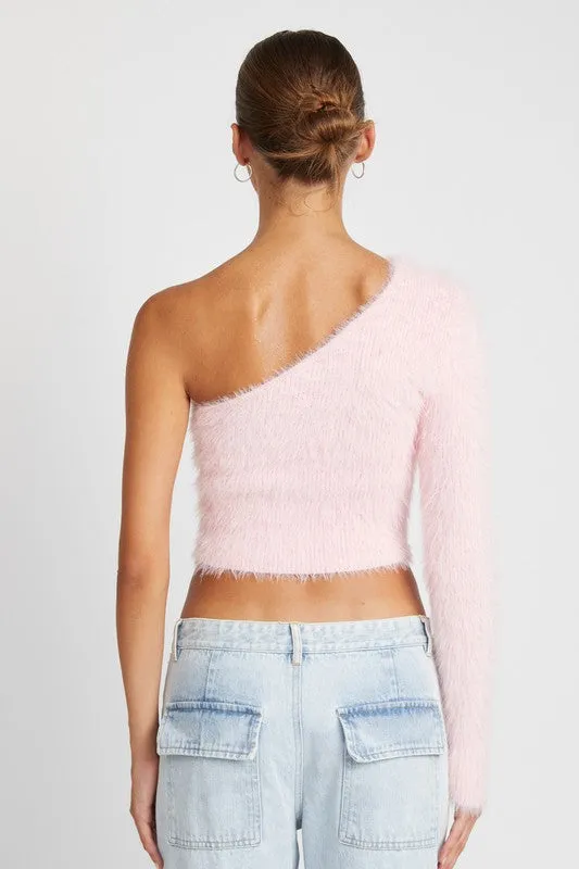 One shoulder fluffy crop sweater