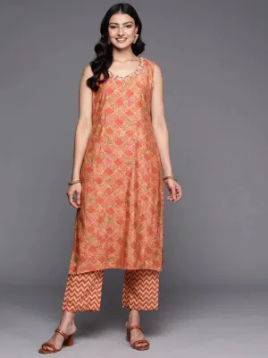 Orange Printed Silk Blend Straight Kurta With Trousers