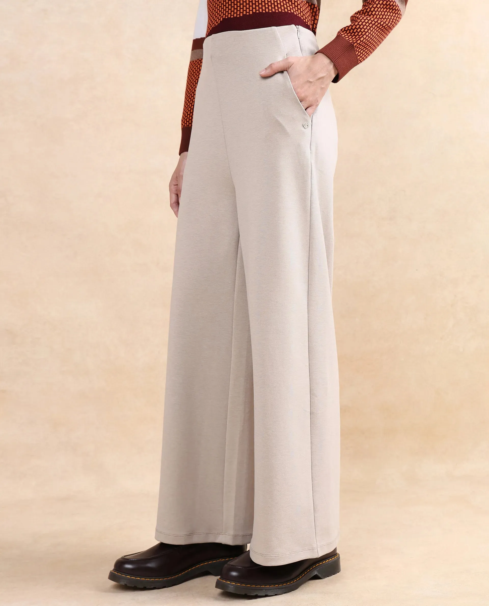 Rareism Women Shoyon Beige Cotton Viscose Fabric Wide Fit Plain Trouser