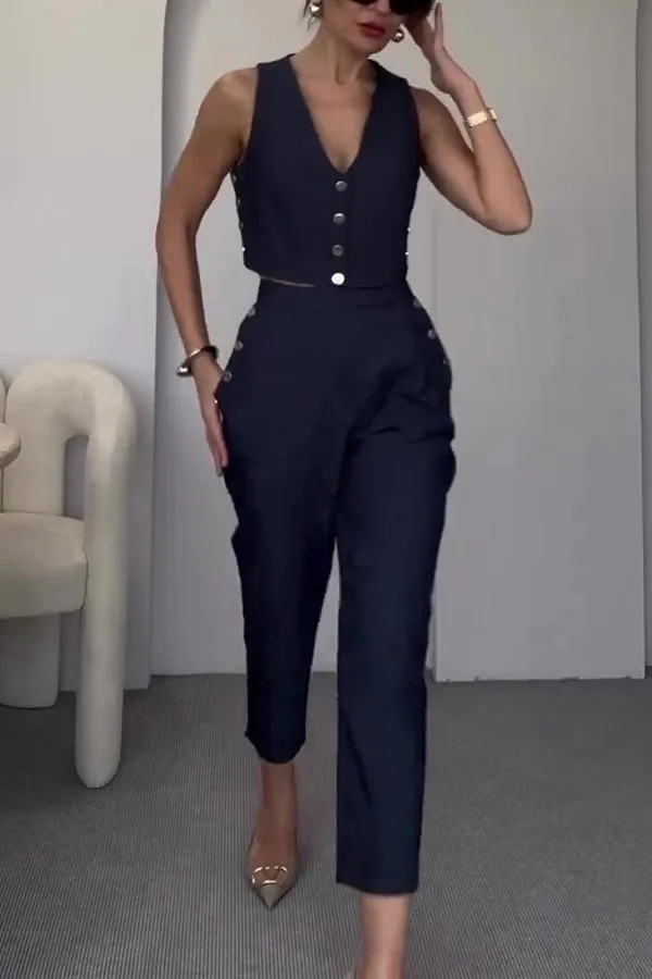 Stylish Button-up Vest and Pocket Straight-leg Pants Set