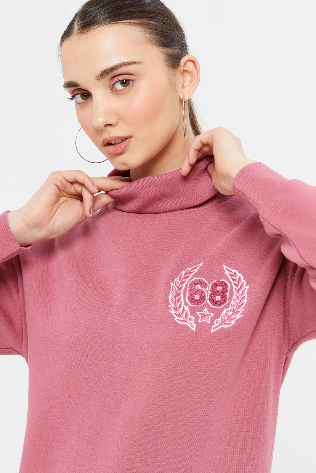 Women Pink High Embroidery Neck Sweatshirt